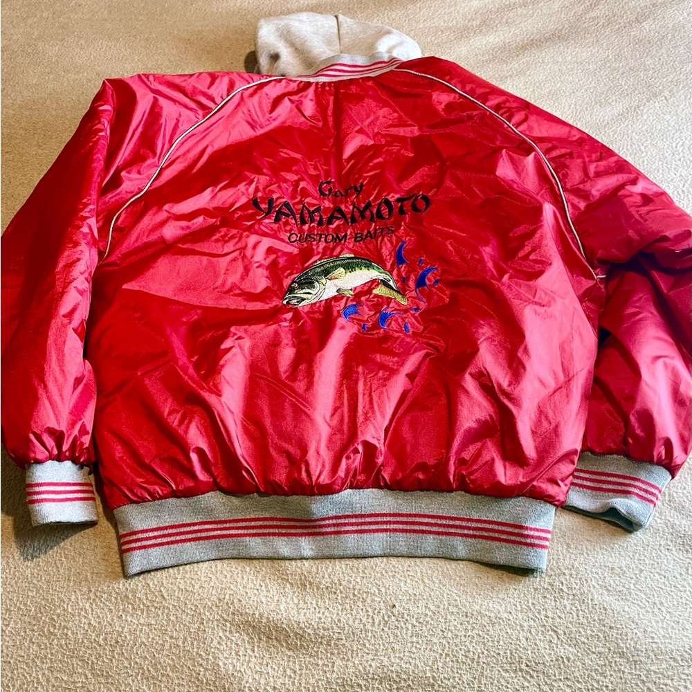 Vintage Gary Yamamoto Jacket Fishing Baits Satin Hoodie Mens Size M RARE